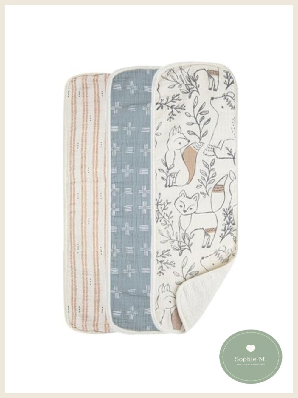Cotton Muslin Burp Cloths Set of 3 Terry Back Woodland Animal Absorbent